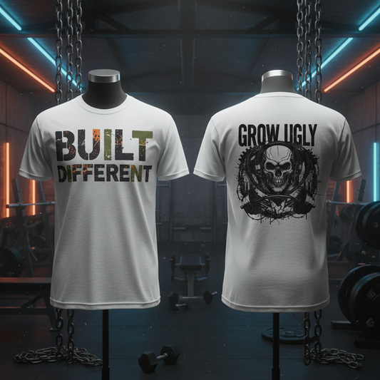 Grow Ugly Built Different White Tee Skull