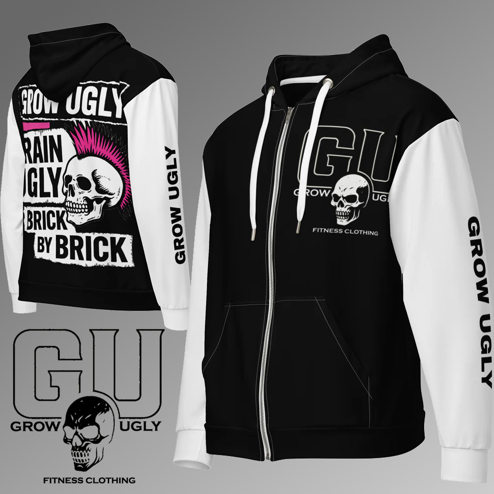 Grow Ugly Fitness Clothing - Unisex zip hoodie (Black and White)