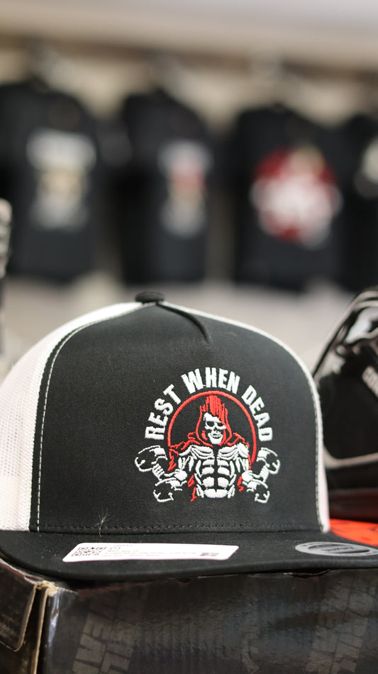 Rest When Dead - 5 Panel Trucker Hat (Black/White)