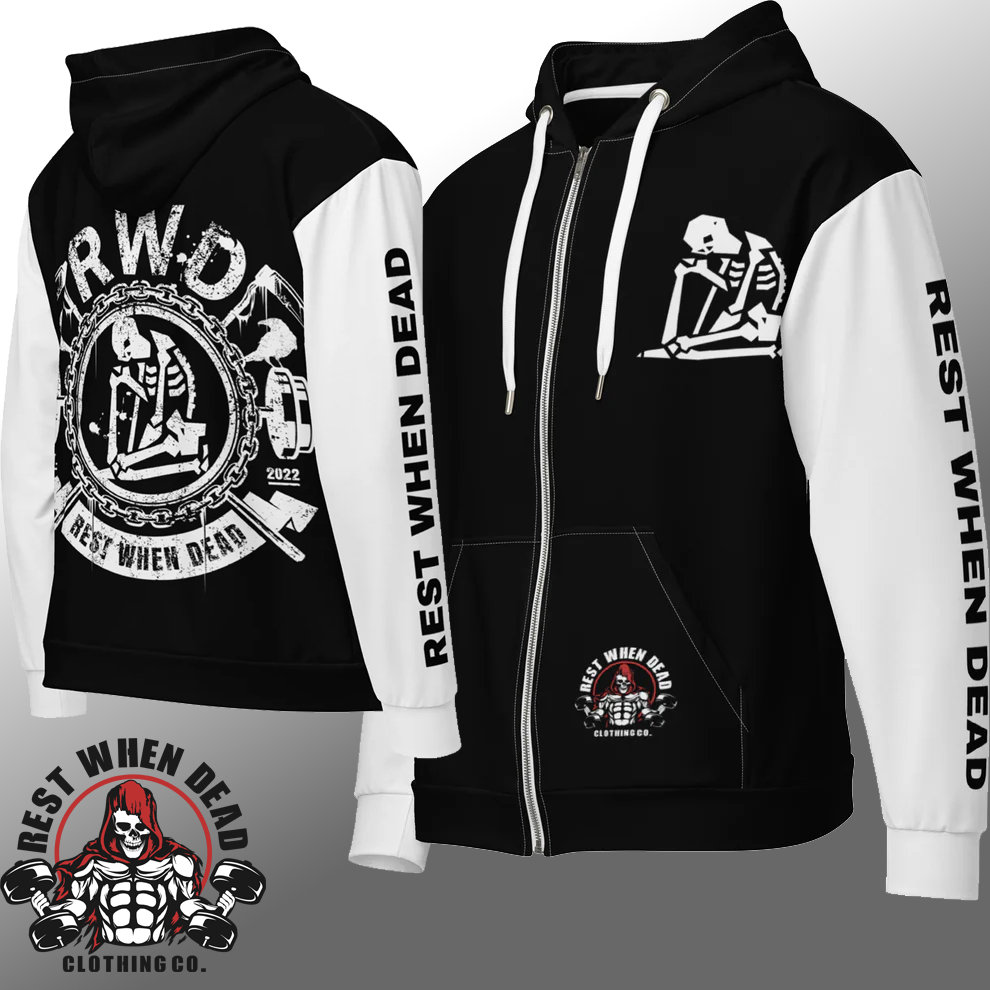 Rest When Dead - Zipped Hoodie - Black with White Sleeves