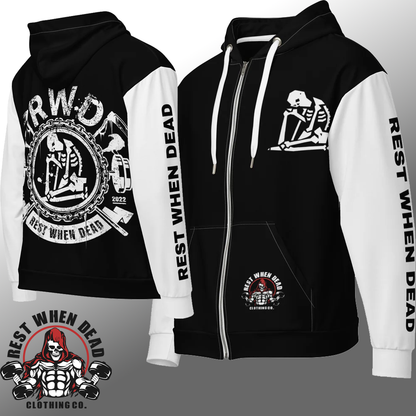 Rest When Dead - Zipped Hoodie - Black with White Sleeves
