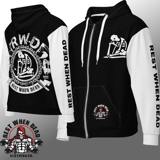 Rest When Dead - Zipped Hoodie - Black with White Sleeves