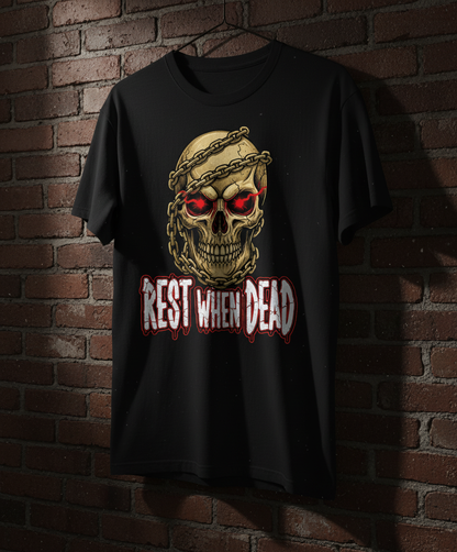 Black t-shirt with a skull design and 'Rest When Dead' text on a brick wall background