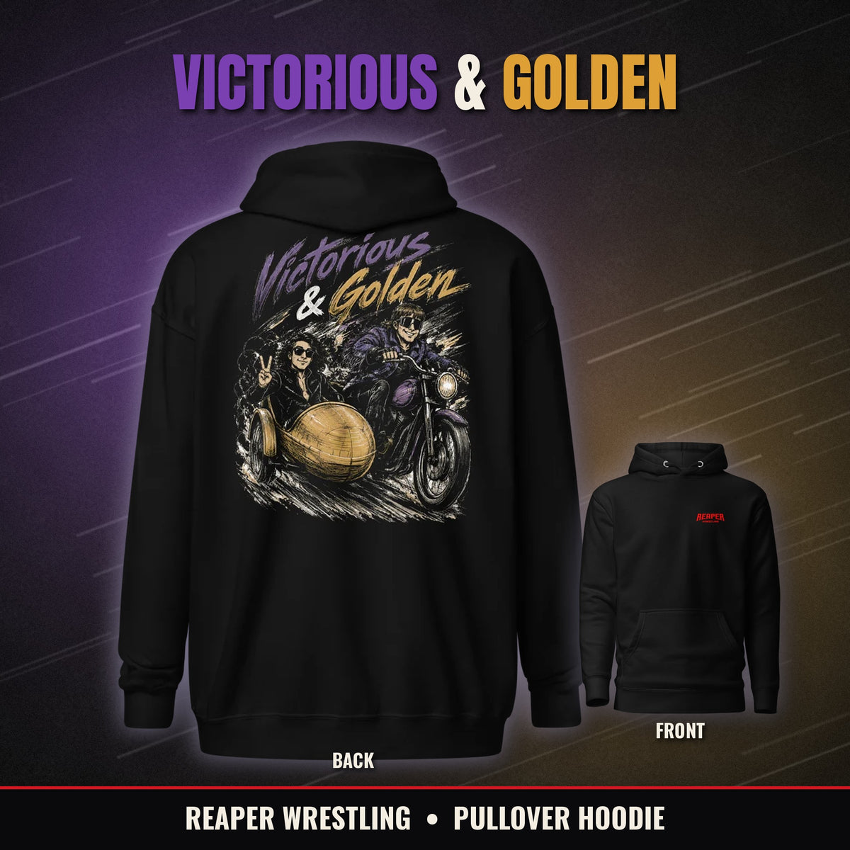 Reaper Wrestling Victorious & Golden black pullover hoodie, back graphic and front logo