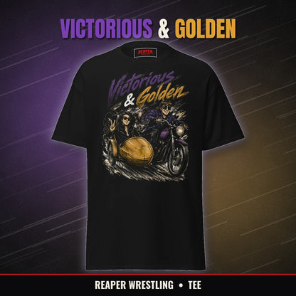 Reaper Wrestling Victorious & Golden black tee with Victorious BRG and Golden Boy sidecar graphic