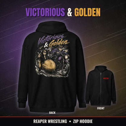 Reaper Wrestling Victorious & Golden black zip hoodie, back graphic and front logo
