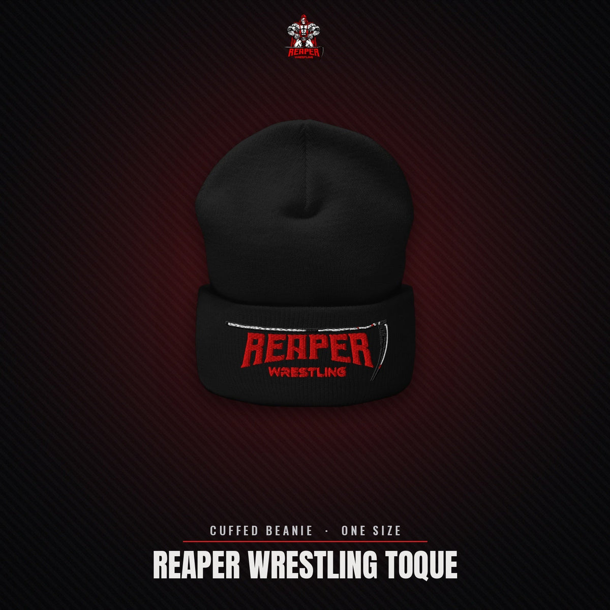 Reaper Wrestling cuffed beanie toque, black with red embroidered logo