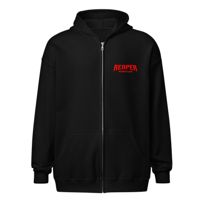 Victorious & Golden zip hoodie front with Reaper Wrestling logo